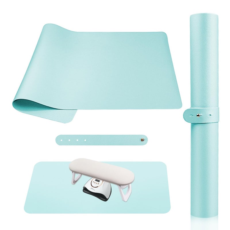 Subay Nail Art Table Mat, Foldable Nail Hand Rest Pad for Nail Arm Rest, PU Leather Nail Mat Nail Hand Rest Pillow Manicure Pad Desk Mat for Nail Technician Salon Home - Blue - Image 1